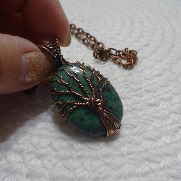 Gorgeous GREEN ZEBRA JASPER Handmade COPPER WIRE-WRAPPED TREE Pendant/Chain 981C - Picture 3 of 3